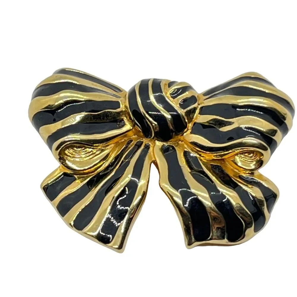 Swarovski Bow Brooch Pin Gold & Black Enamel Vintage Swan Signed Retro 80s Chic
